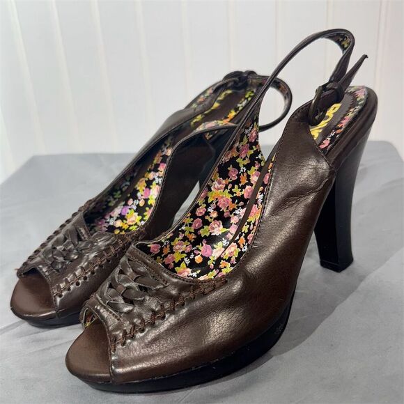 BONGO Brown Peep Toe Slingback Heels Sz 6 | Y2K Floral Lining Retro Platform - Picture 2 of 9